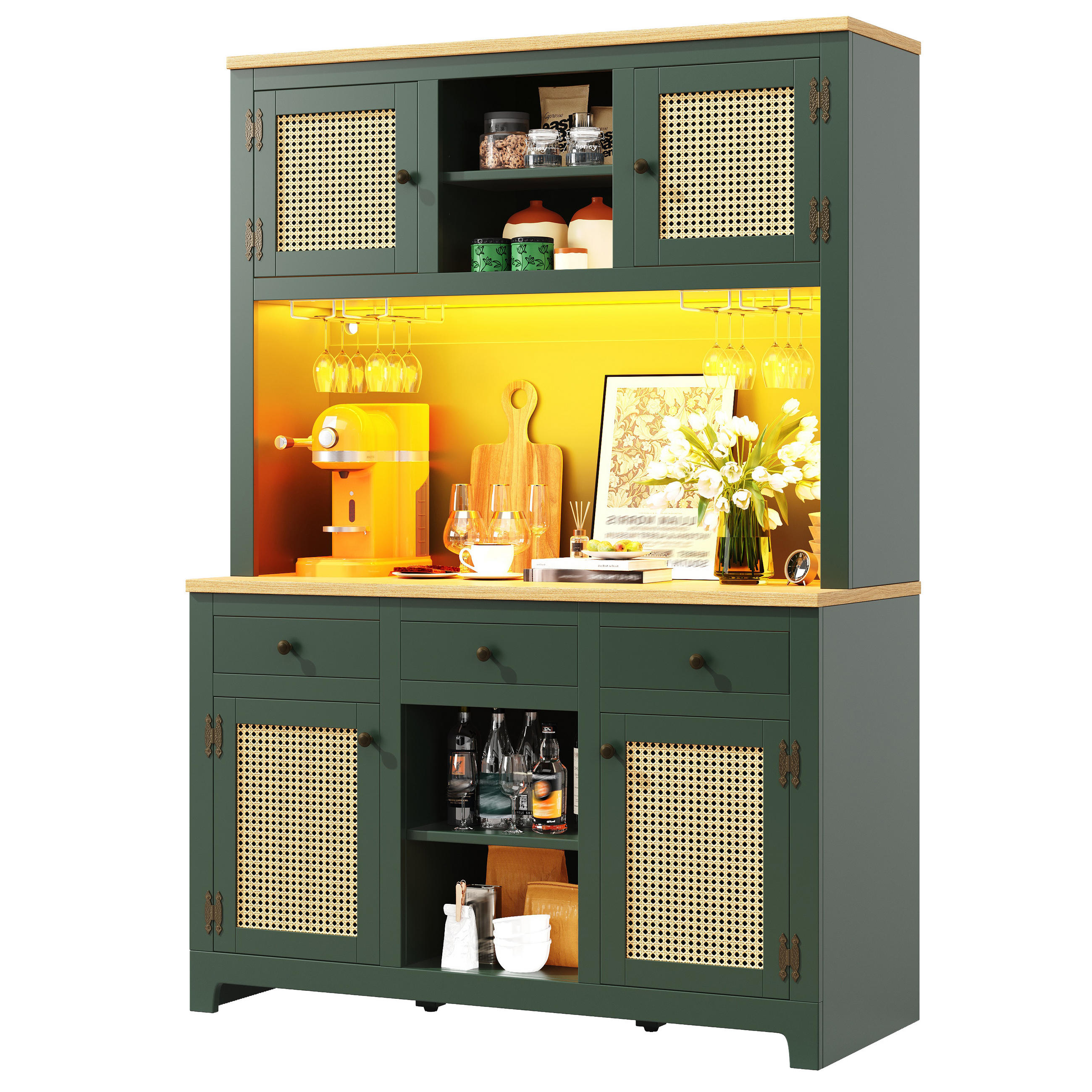 BUFFET Multifunktionaler Aufbewahrungsschrank mit Rattan-Front, LED & Kippsicherung - Grün, Holzwerkstoff (120/180/40cm) - EVRYAE