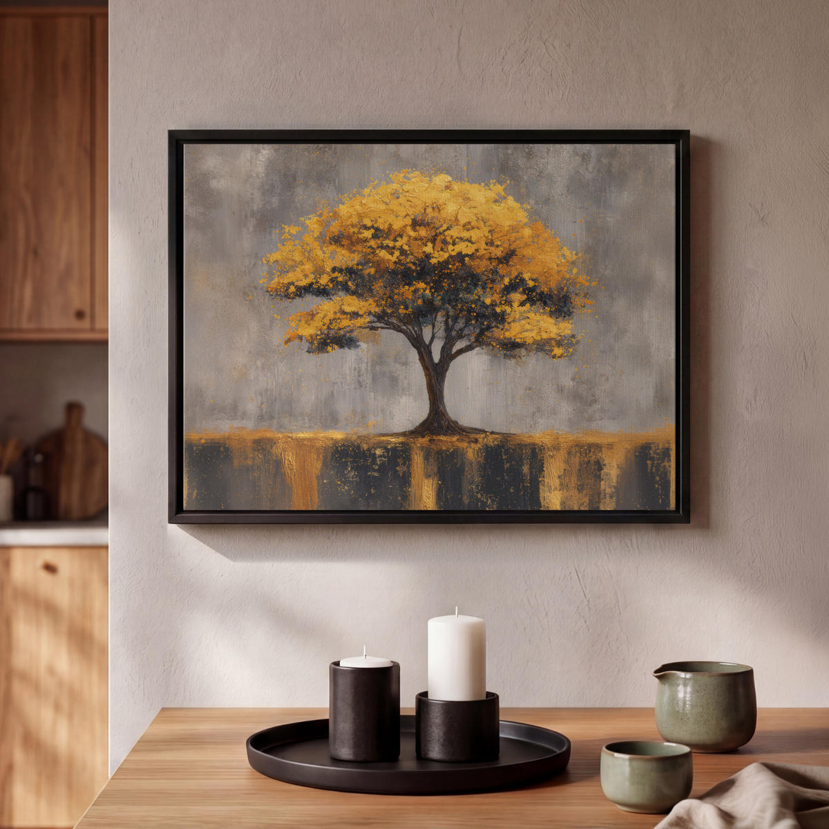 LEINWAND Bilder mit Rahmen - Baum - Blätter - Gold - Abstrakt - 40x30 - Grau, Textil (40/30cm) - MuchoWow