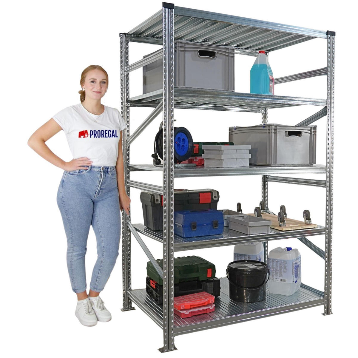 FACHBODENREGAL Proximo Stecksystem 200x600x80cm 5 Ebenen Fachlast 200 kg Beidseitig nutzbar Verzinkt - Silberfarben, Metall (600/200/80cm) - PROREGAL
