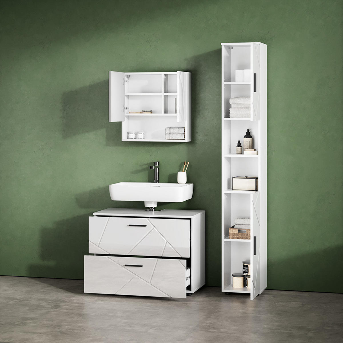 BADMÖBEL-SET Ronco Weiß Hochglanz 3 Teile, mit Schubladenschrank und Hochschrank - Weiß Hochglanz/Weiß, Holzwerkstoff (80/58/41cm) - Livinity®