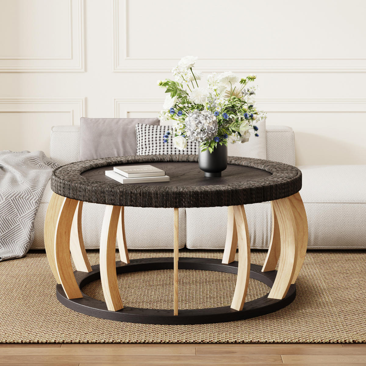 COUCHTISCH in Schwarz Rattan-Kaffeetisch für Wohnzimmer oder Esszimmer, B90/T90/H43cm - Schwarz/Naturfarben, Holz/Holzwerkstoff (90/90/43cm) - STILVORA