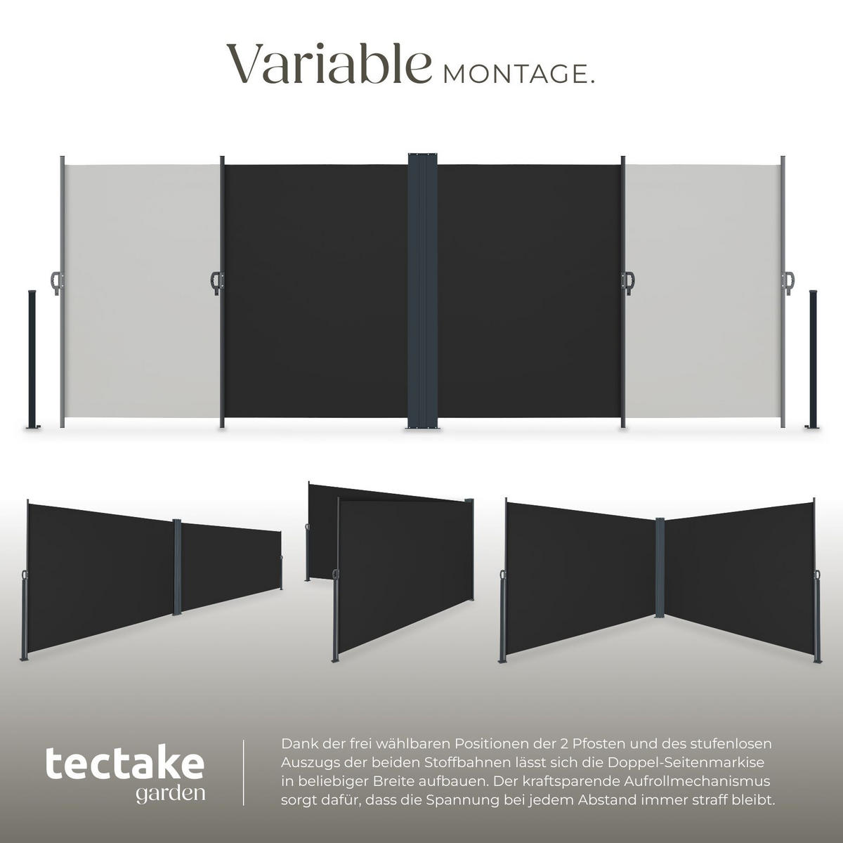 DOPPEL-SEITENMARKISE , ausziehbar, mit Aufrollmechanismus, schwarz - Schwarz, Textil (600/180/9cm) - tectake