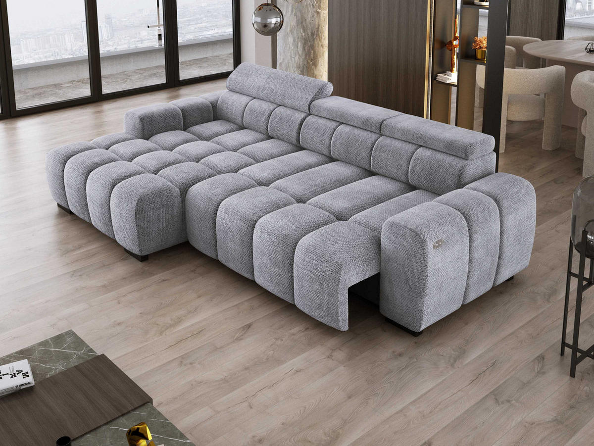 ECKSOFA OMBO 285x168x77/97 cm, Links, Schlaffunktion, elektr. Sitz, Kopfstützen, hydrophober EDEN-Stoff – Silber - Silberfarben, Holz/Textil (168/285cm) - DomoHome
