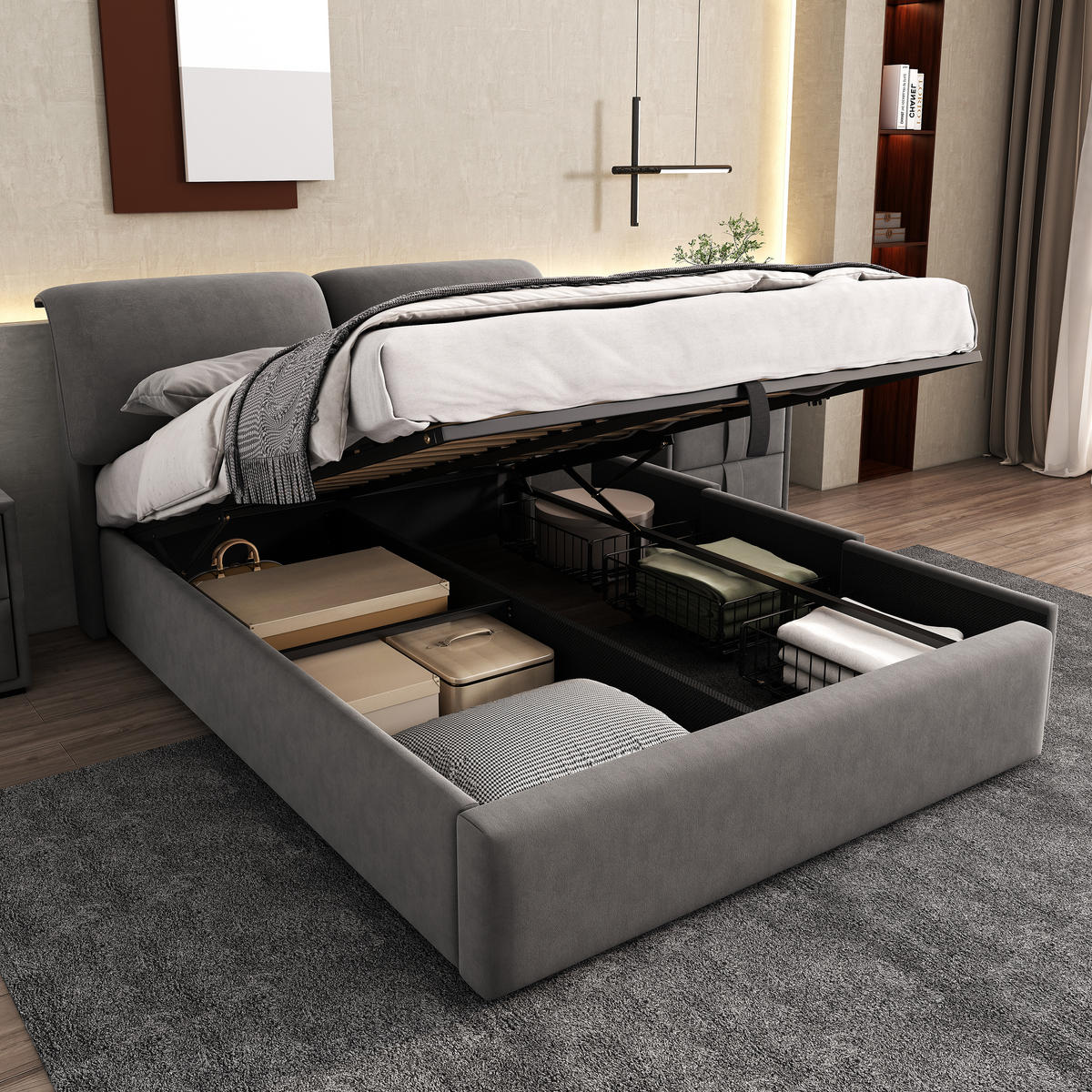 POLSTERBETT 140x200cm Grau Mit Hydraulik & 3 Schubladen - Grau, Textil (140/200cm) - FLIEKS