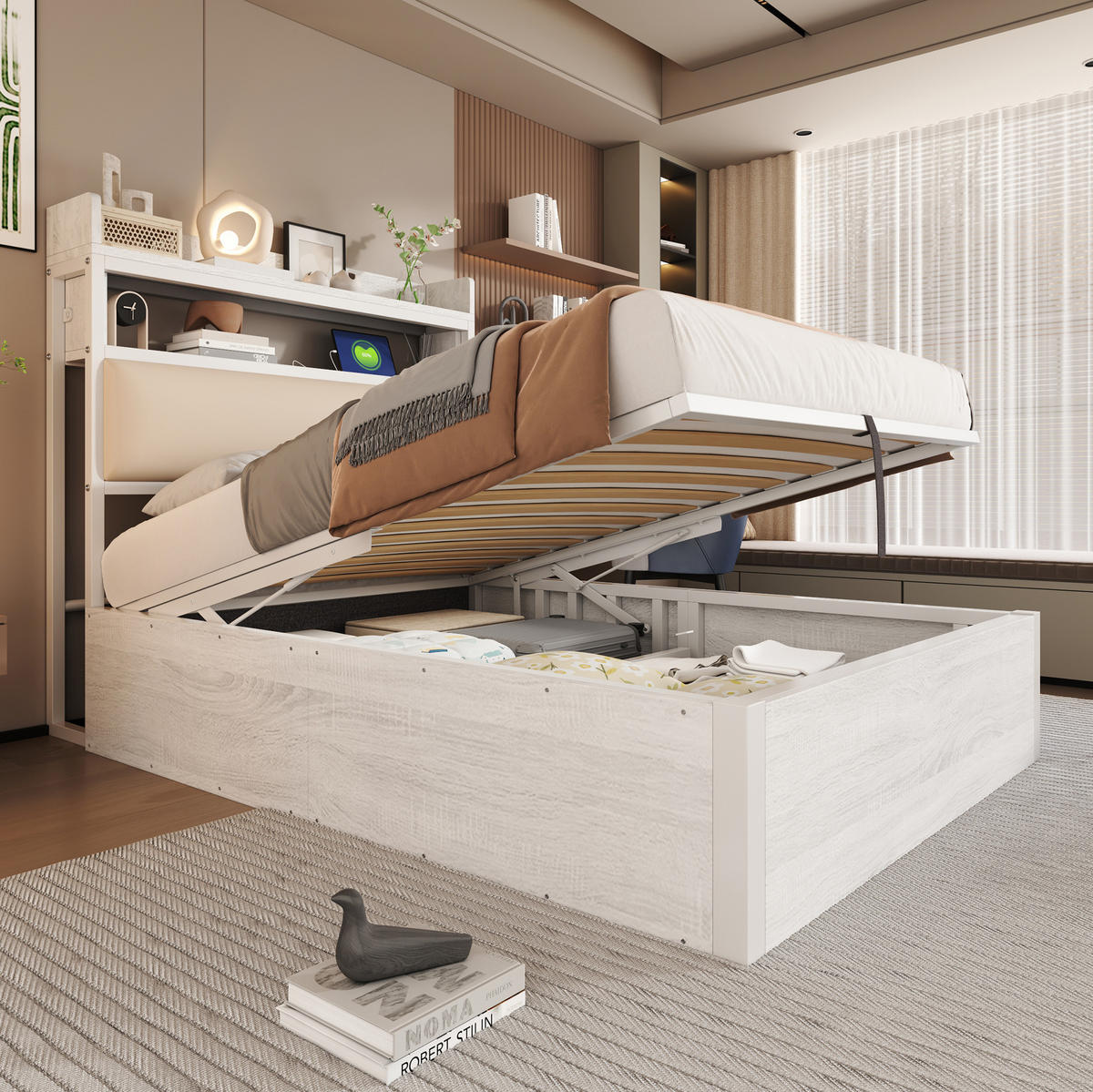POLSTERBETT 90/200 cm mit Bettkasten, USB und gepolstertem Kopfteil - Weiß, Metall (90/200cm) - BEAOK