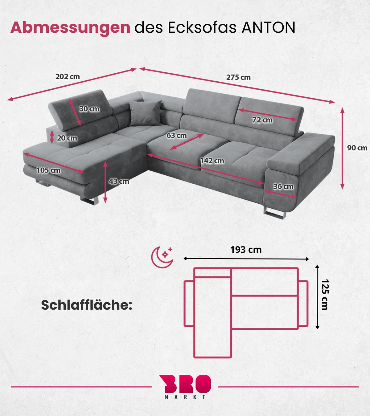 ECKSOFA Anton mit Schlaffunktion Grau Samt - Silberfarben/Grau, Textil/Metall (142/275cm) - Bromarkt