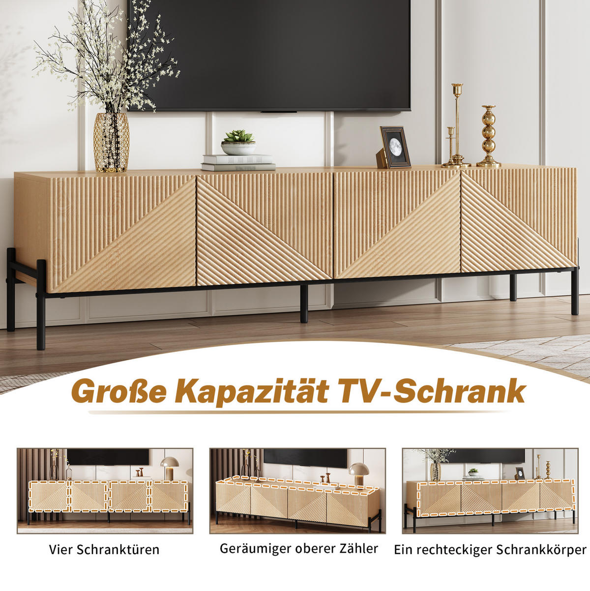 TV stolek z MDF 163,5x40x45 cm přírodní se 4 dvířky, 3D strukturou a otvíráním na stisk - světle hnědá, kompozitní dřevo (163.5/45/40cm) - Modfu