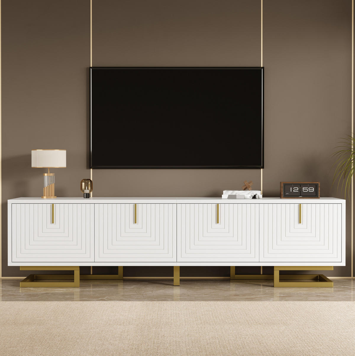 TV ormarić 160/38/44,5 cm bijeli od iverice s 4 vrata i zlatnim nogama - bijela, drvni materijal (160/44.5/38cm) - OKWISH