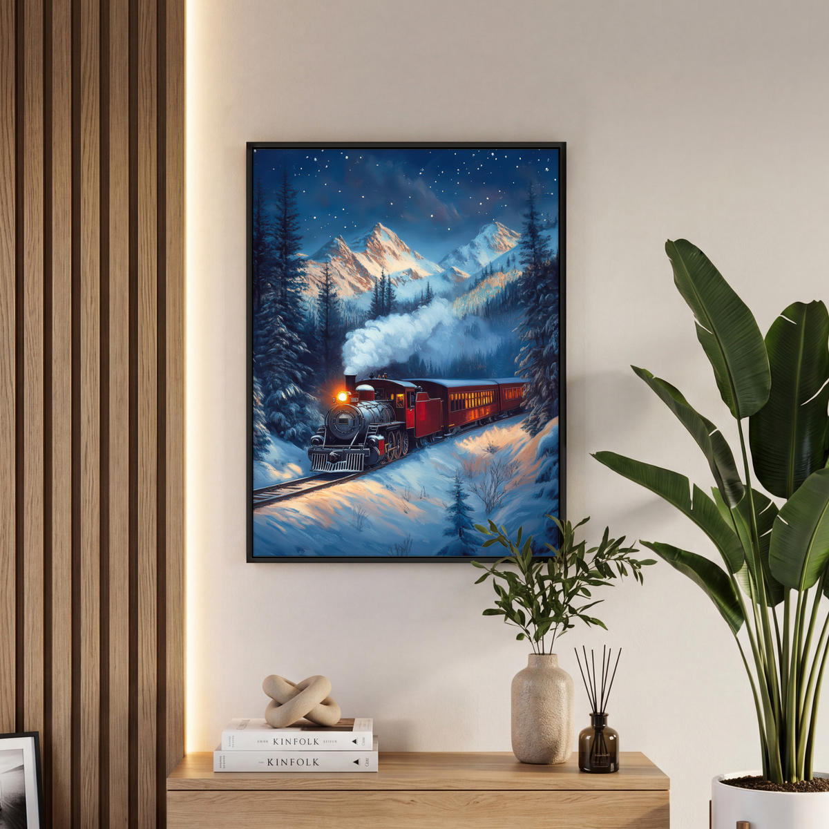 LEINWAND Bilder mit Rahmen - Zug - Weihnachten - Schnee - Weihnachtszug - 50x70 - Anthrazit, Textil (50/70cm) - MuchoWow