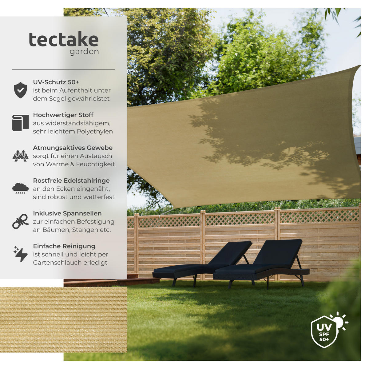 SONNENSEGEL ,inklusive Spannseile,beige - Beige, Kunststoff (500/5000cm) - tectake
