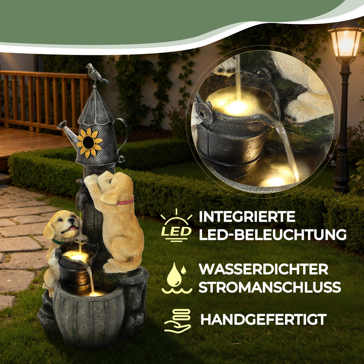 POLYRESIN-GARTENBRUNNEN,2 Hündchen+Vogelhaus,90x38x34cm,Garten/Balkon/Terrasse - Grau, Kunststoff (34/38/90cm)