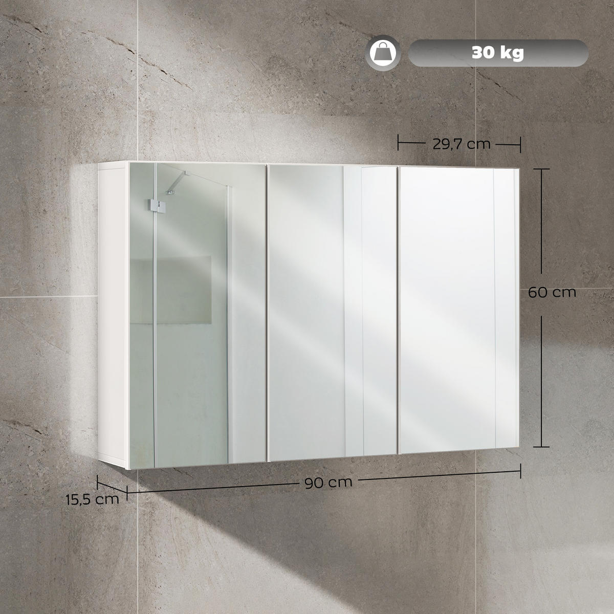 SPIEGELSCHRANK Bad mit 3 Spielgeltüren, Badezimmerschrank mit 5 Regale - Weiß, Holzwerkstoff (90/60/15.5cm) - HOMCOM