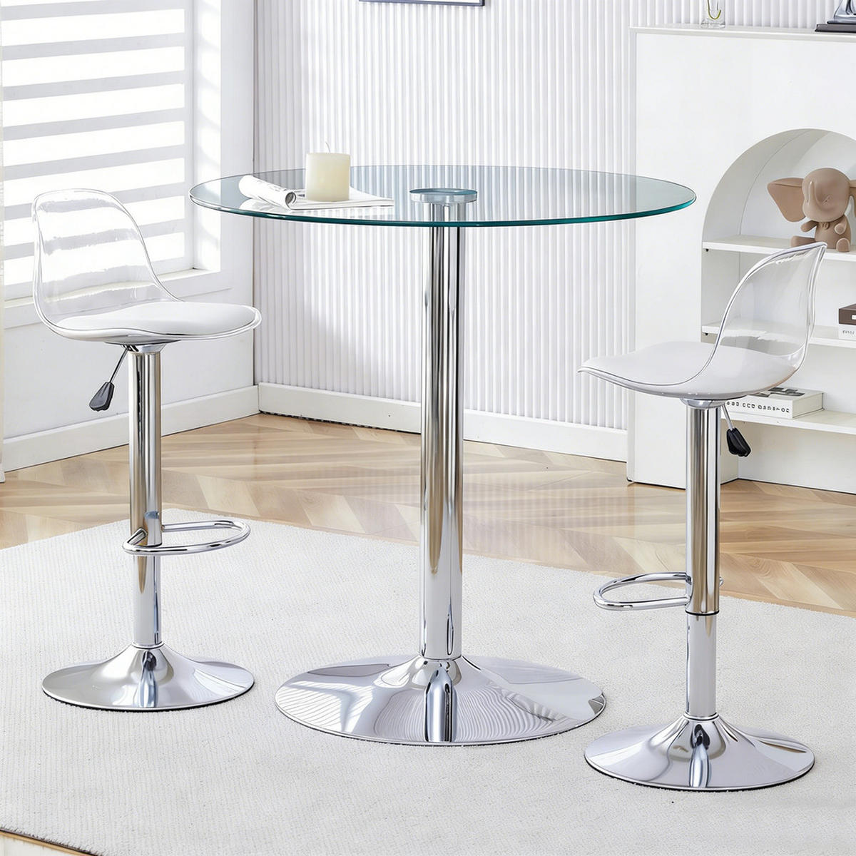 TISCHGRUPPE 3-tlg Glastisch 89 cm mit 2 Hocker Silber Höhenverstellbar - Silberfarben, Glas/Metall (49.5/50/51cm) - Raelunyi