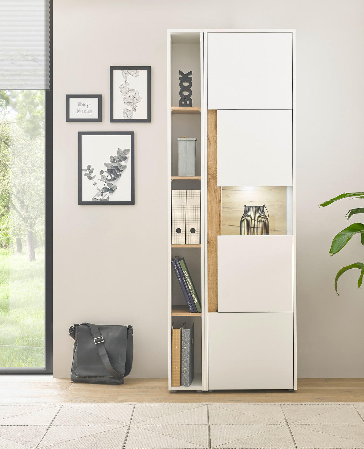 AKTENSCHRANK Set 2-teilig weiß, Eiche Wotan 70 x 200 cm, Regal-Vitrine-Kombination mit 5 Ordnerhöhen - Eichefarben/Silberfarben, Glas/Holzwerkstoff (70/200/40cm) - Furn.Design