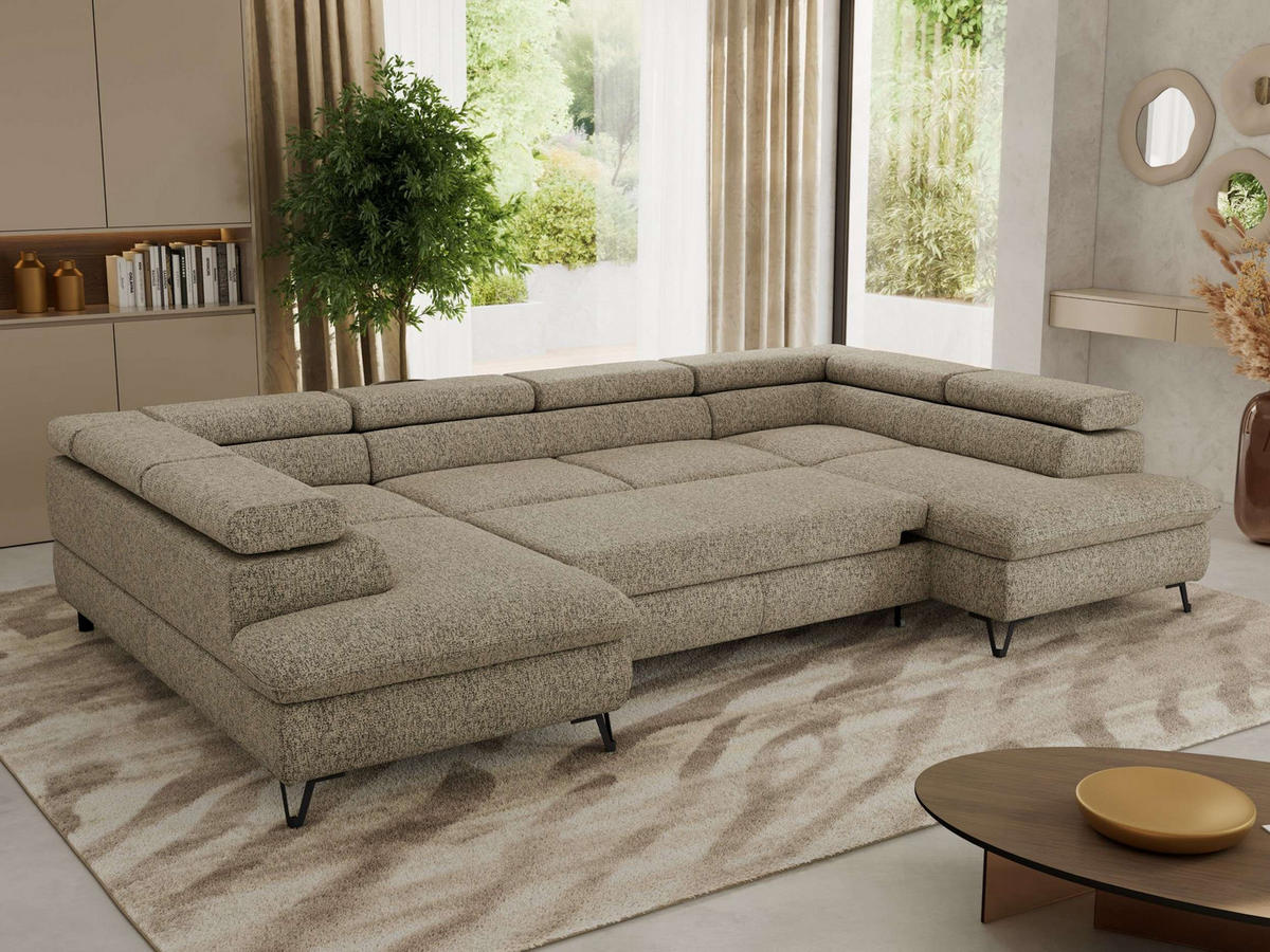 WOHNLANDSCHAFT PABLO U Strukture Dunkelbeige - Greige/Schwarz, Textil/Metall (346/76/208cm) - MKS