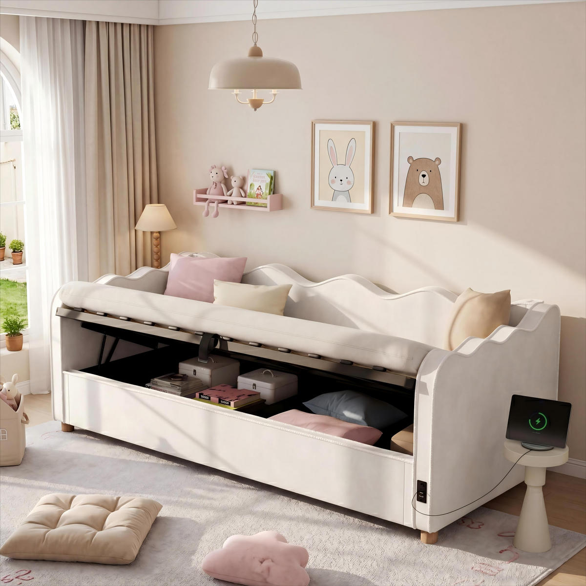 BETT mit Stauraum 90x200 cm Samt Beige - Beige, Metall (90/200cm) - Meubliv