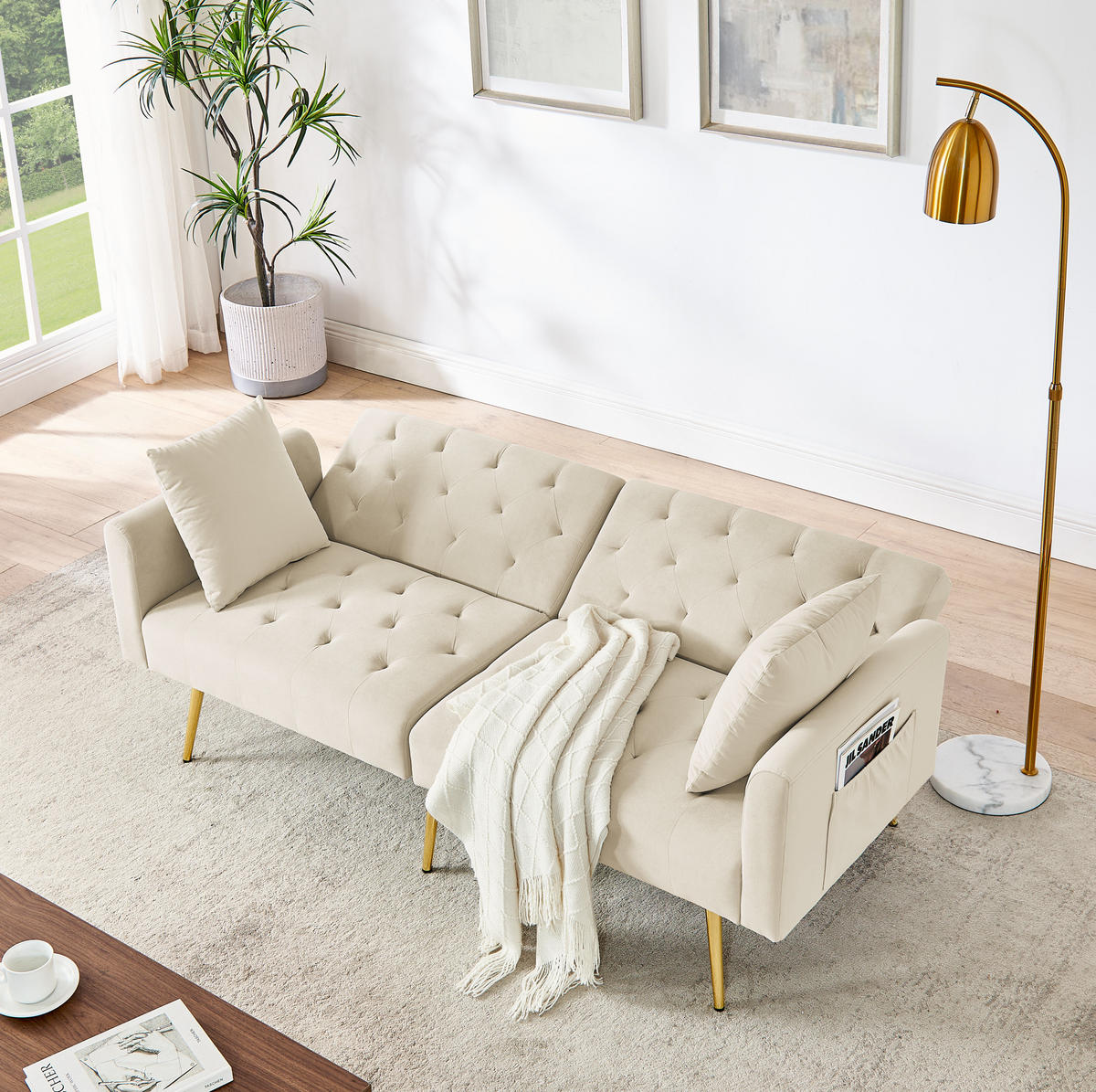 SOFA mit verstellbarer Rückenlehne 2-Sitzer Beige Samt - Beige, Holzwerkstoff (177/74/78cm) - Meubliv