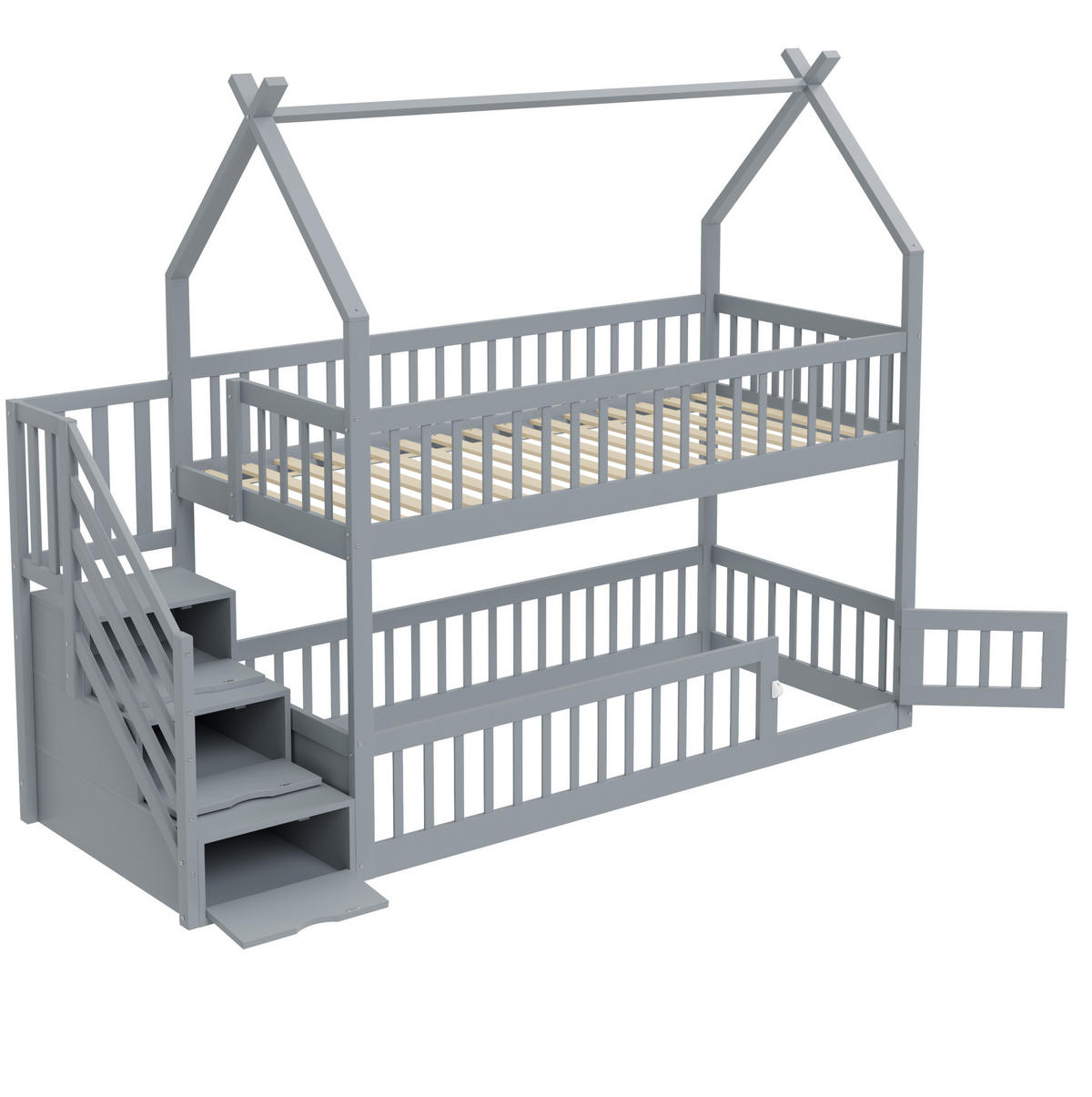 ETAGENBETT 90/200 cm mit Dach, Sicherheitstreppe und Schubladen, Grau - Grau, Holzwerkstoff (90/200cm) - Redom