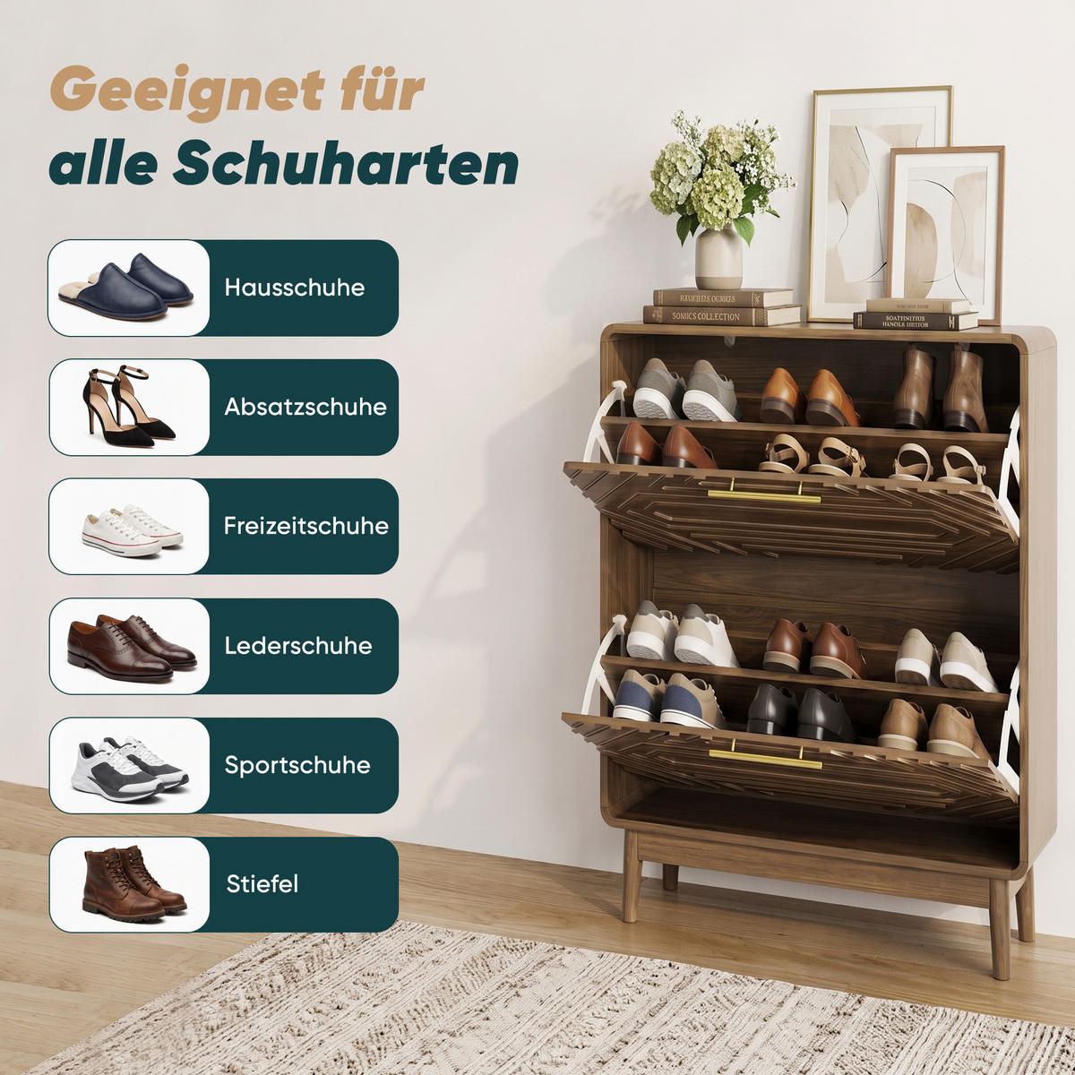 SCHUHSCHRANK Walnuss Mid-Century 60cm mit 2 Klappfächern & Regal - Walnussfarben, Holzwerkstoff (60/95/24cm) - Urban Meuble