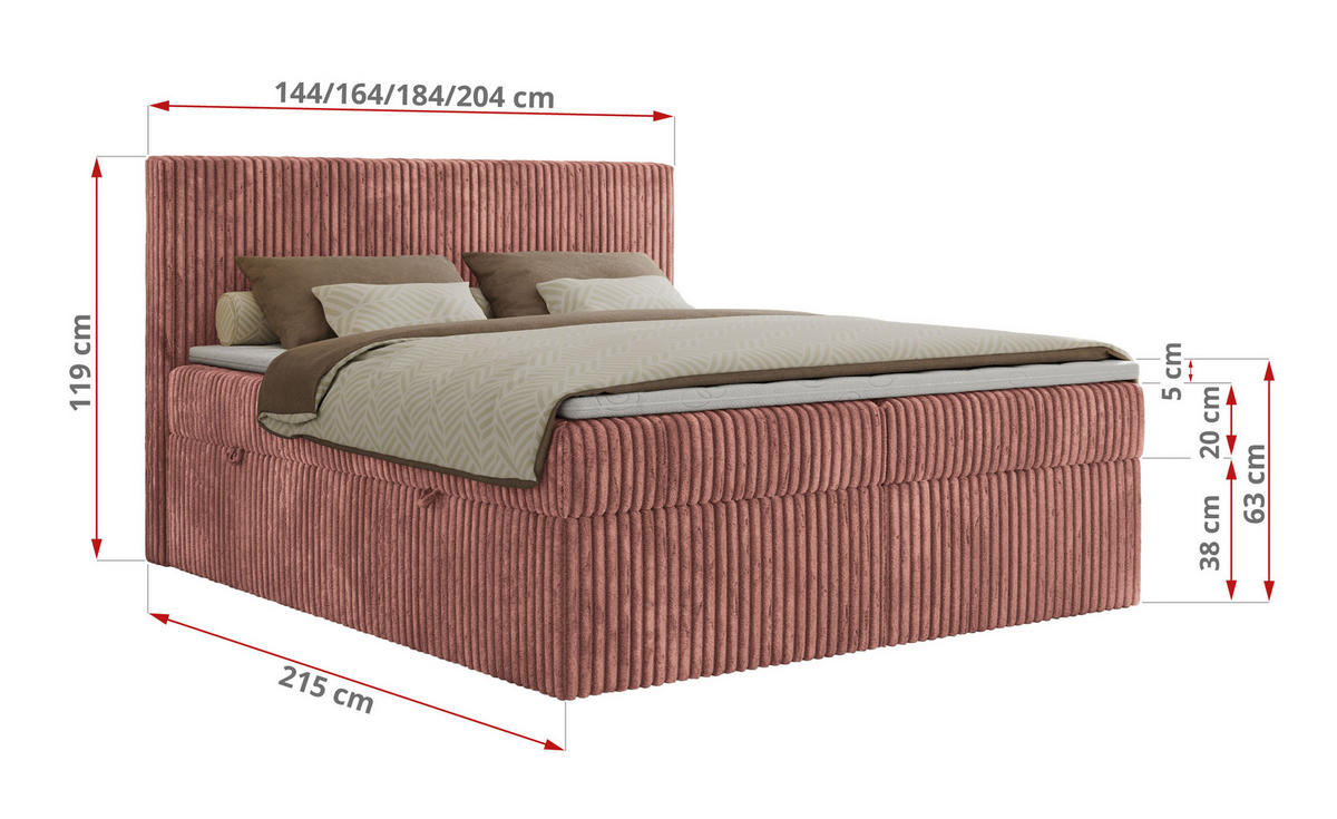 BOXBETT TILIANO 180/200 - Rosa Cord - H3 - Rosa, Textil (180/200cm)