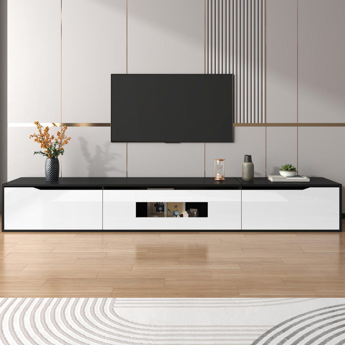 TV-ELEMENT mit LED-Beleuchtung 180 cm Hochglanz Schwarz Weiß - Schwarz, Holzwerkstoff (35/30/180cm) - Beauniv