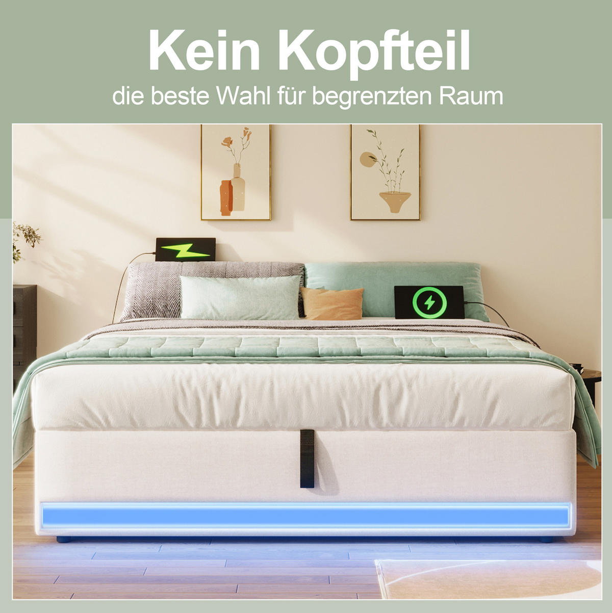 POLSTERBETT 140/200 cm Beige Hydraulisches Stauraumbett mit LED-Beleuchtung - Beige, Textil (140/200cm) - OKWISH
