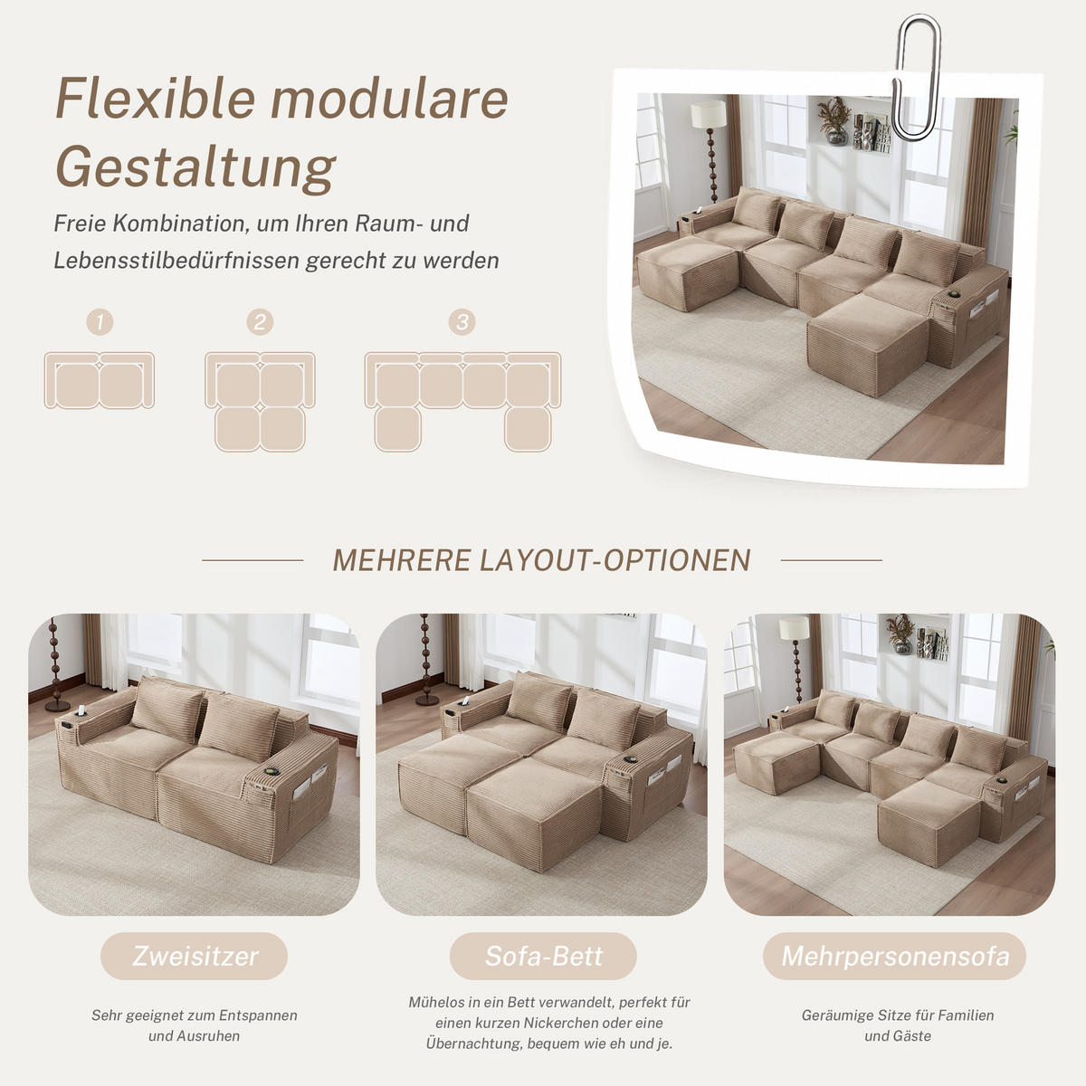 WOHNLANDSCHAFT 330/162/75 cm Khaki mit 2 Fußhocker, Getränkehalter und Seitentaschen - Sandfarben, Textil (330/75/162cm) - Oxeza