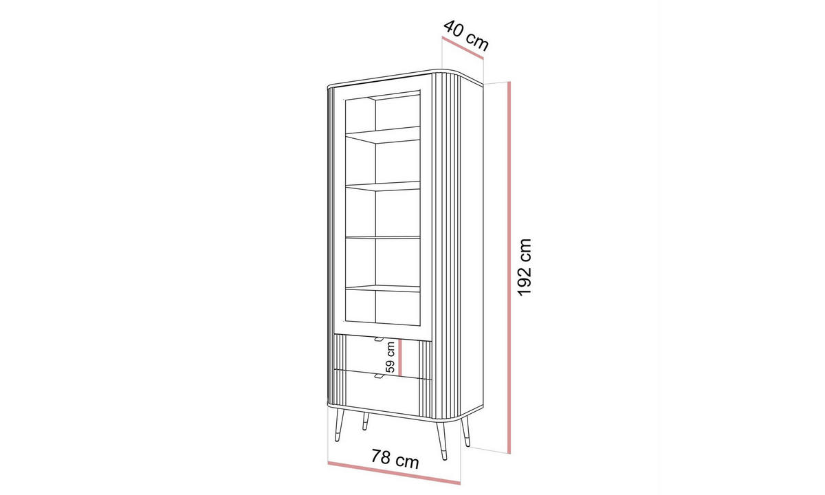 VITRINE YVETTE 78/40/192 cm Kaschmir 2 Schubladen mit LED - Kaschmir/Goldfarben, Holzwerkstoff/Metall (78/192/40cm) - Lookway