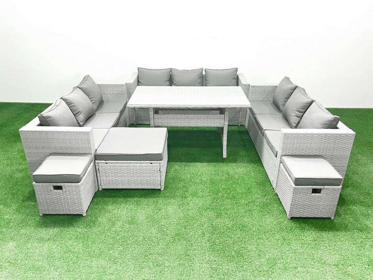 GARTENSET mit Esstisch,Sofa,3 Fußhocker Polyrattan Hellgrau 12-Sitzer - Hellgrau/Grau, Glas/Kunststoff - Fimous