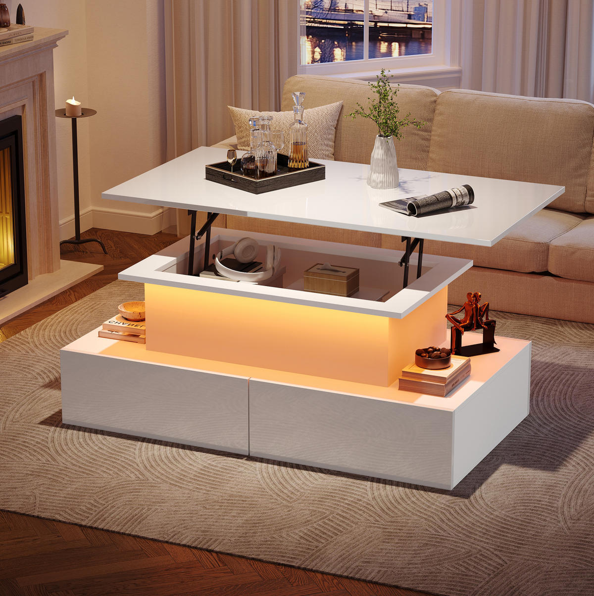 COUCHTISCH aus Spanplatte 90x55x41 cm in Weiß mit LED-Beleuchtung & 4 Schubladen - Weiß, Holzwerkstoff (90/55/41cm) - Modfu