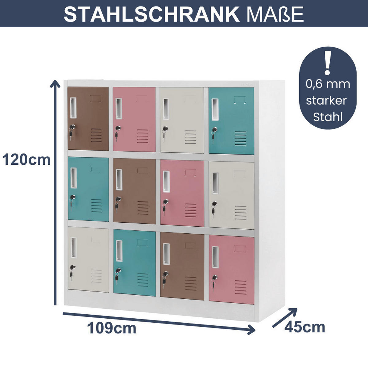 SCHLIESSFACHSCHRANK Spind Kindergarten ANNA 12 Fächer 120x109x45cm Pastellfarben - Pastellblau, Metall (109/120/45cm) - DELUKE