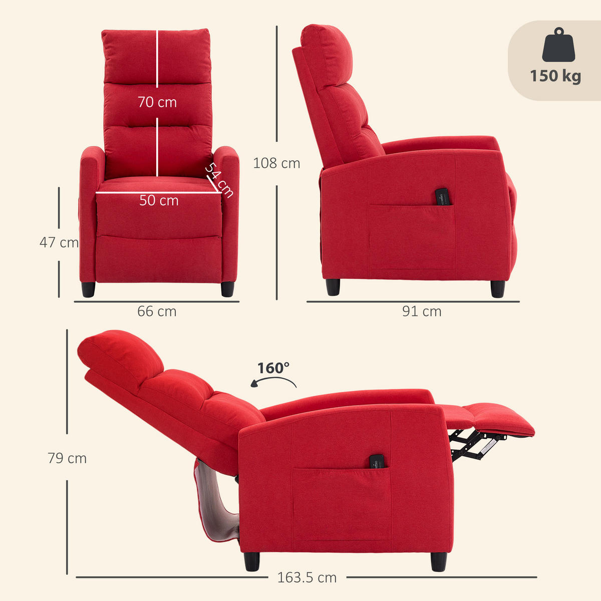 MASSAGESESSEL,MANUELL 160° Chenille Fußstütze Fernbedienung Taschen,weinrot - Rot, Textil (66/108/91cm) - Vallsero
