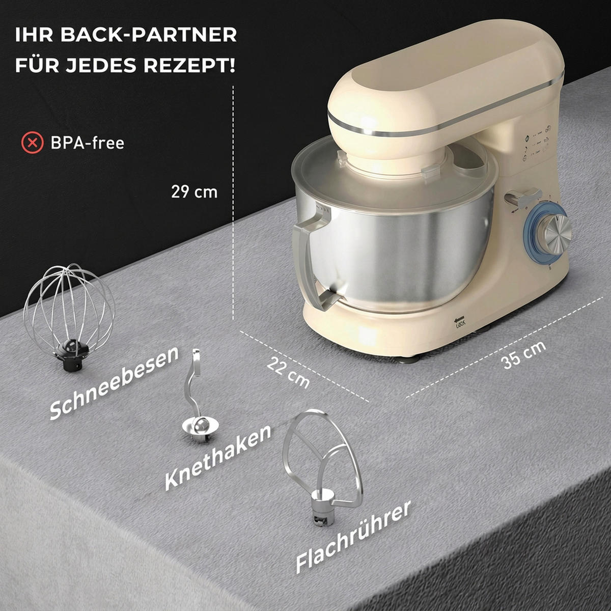 KÜCHENMASCHINE Edelstahl Kunststoff Beige - Edelstahlfarben/Beige, Kunststoff/Metall (22/29/35cm) - HOMCOM