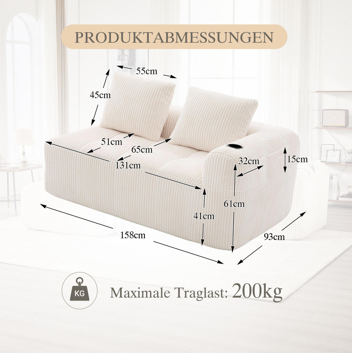 POHOVKA 158/93/61 cm béžová z manšestru s bočními kapsami a držáky nápojů - béžová, textil (93/61/158cm) - OKWISH