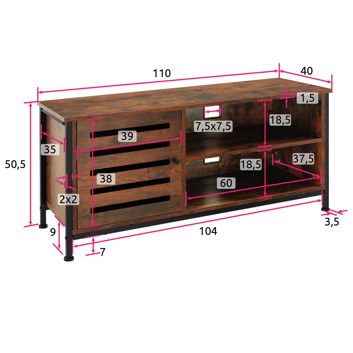 TV-BOARD Galway,110 x 41,5 x 50,5 cm,Industrial Holz dunkel, rustikal - Rostfarben, Holzwerkstoff (41.5/50.5/110cm) - tectake