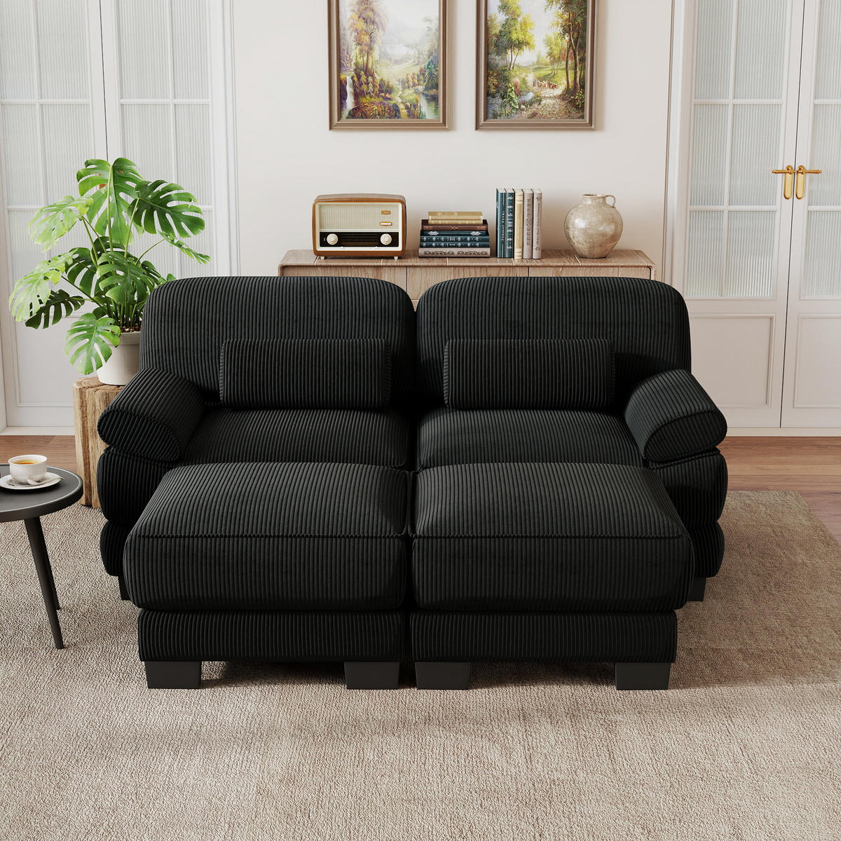 2-SITZER-SOFA modular mit 2 Hockern, DE-42659, Schwarz - Schwarz, Holz (194/94/161cm) - ComfortXL