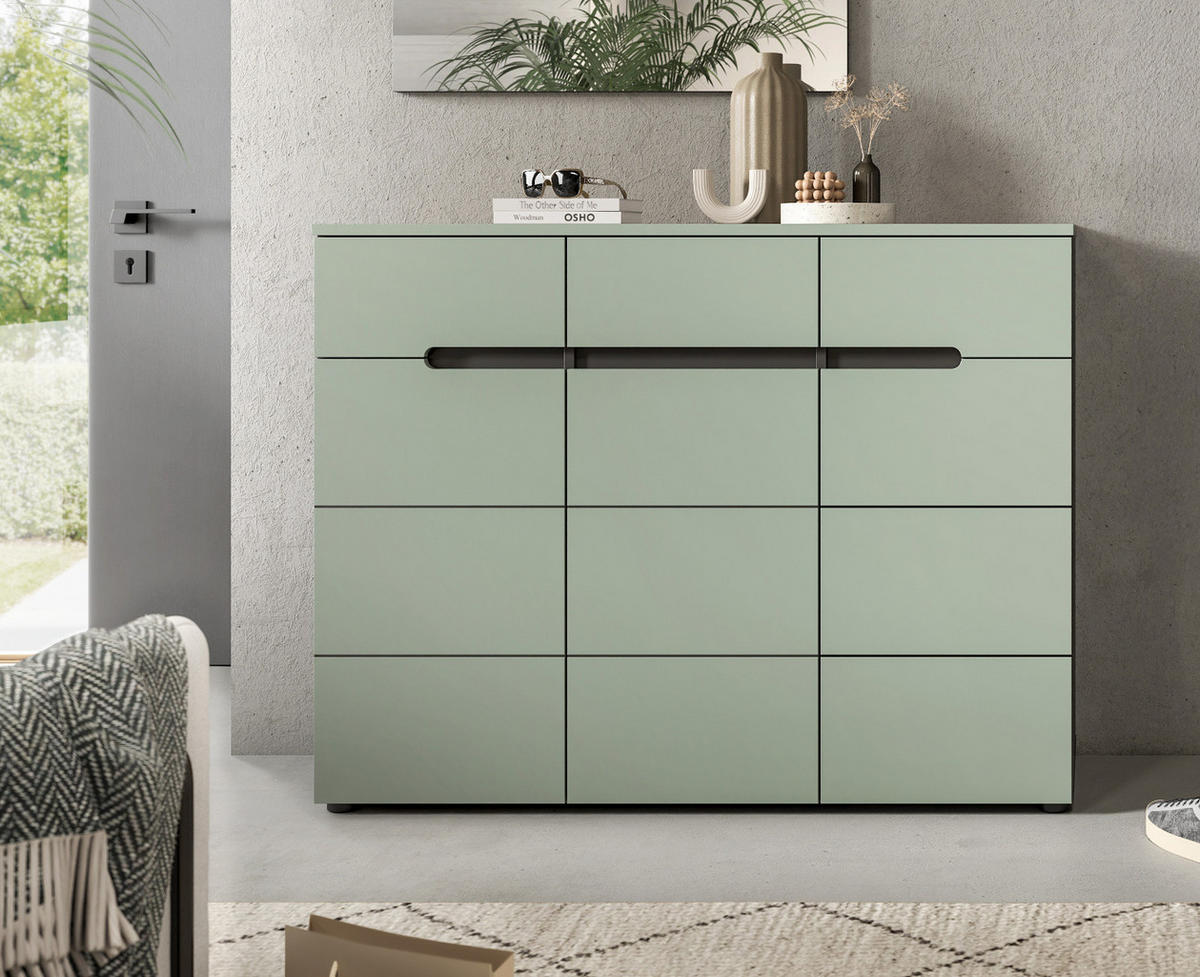 SCHUHKOMMODE Salbei grün, Baslat grau 120 cm, Flurkommode mit Soft-Close - Salbeigrün/Schwarz, Holzwerkstoff/Kunststoff (120/94/37cm) - Inn.Furn