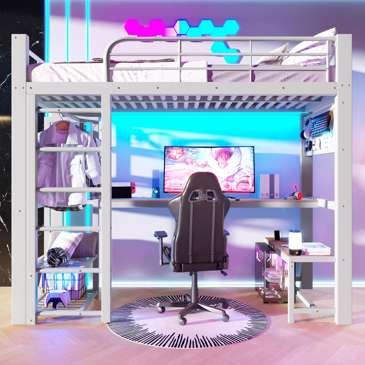 HOCHBETT 90/200 cm in Weiß Metall mit LED, Schreibtisch, Stauraum - Weiß, Holzwerkstoff/Metall (90/200cm) - WISHDOR