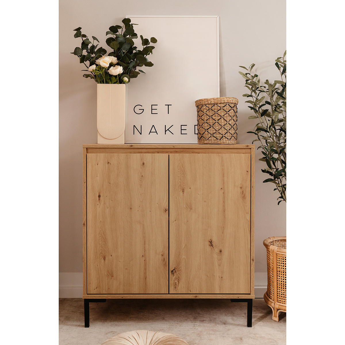 KOMMODE mit Türen - Eichefarben/Schwarz, Holzwerkstoff/Metall (81/87/40cm) - home24