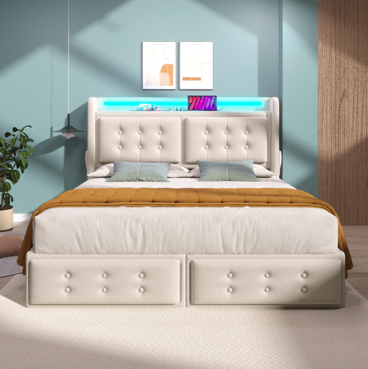 POLSTERBETT 180/200 cm Beige mit LED-Kopfteil und USB-C Ladefunktion - Beige, Textil (180/200cm) - OKWISH