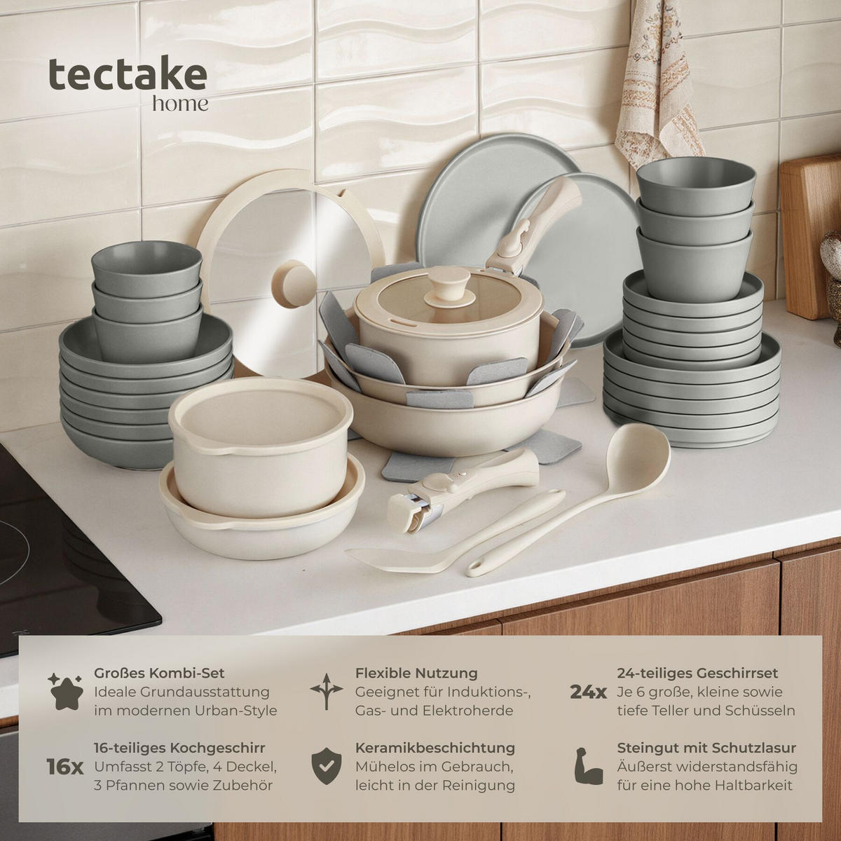 KÜCHENSTARTERSET 40er Set Una/Genua, inklusive Küchenwerkzeugen, Topfschonern und anklemmbaren Griffen, grau/weiß - Weiß/Grau, Keramik (27.5/13/44cm) - tectake