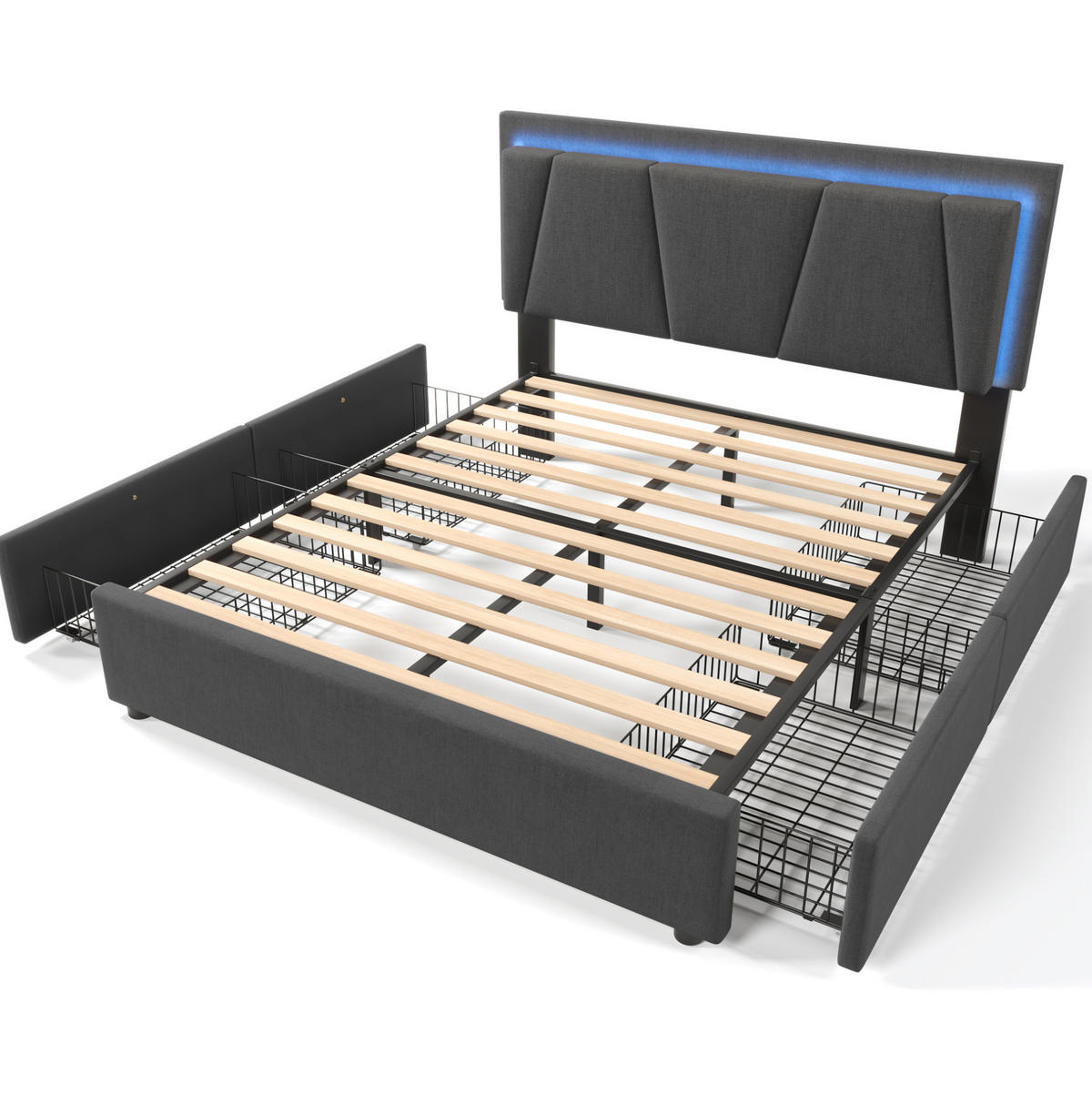 BETT mit LED und 4 Schubladen 140x200 cm Grau - Grau, Holz (140/200cm) - Meubliv