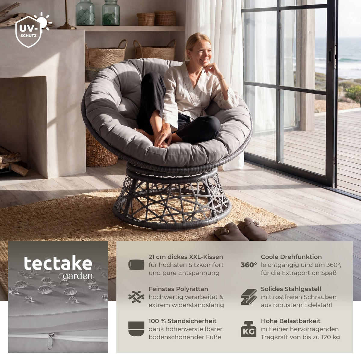 RATTANSESSEL Gargano, 92 x 80 x 80,5 cm, grau - Grau, Kunststoff (80/80.5/92cm) - tectake