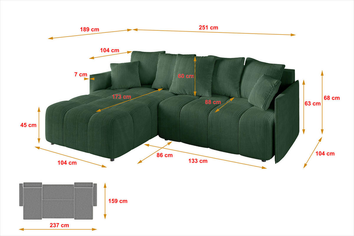 ECKSOFA Ottomane links LONLI-L 251x189x68 Grün Cord - Grün, Holzwerkstoff/Kunststoff (251/189cm) - ALTDECOR