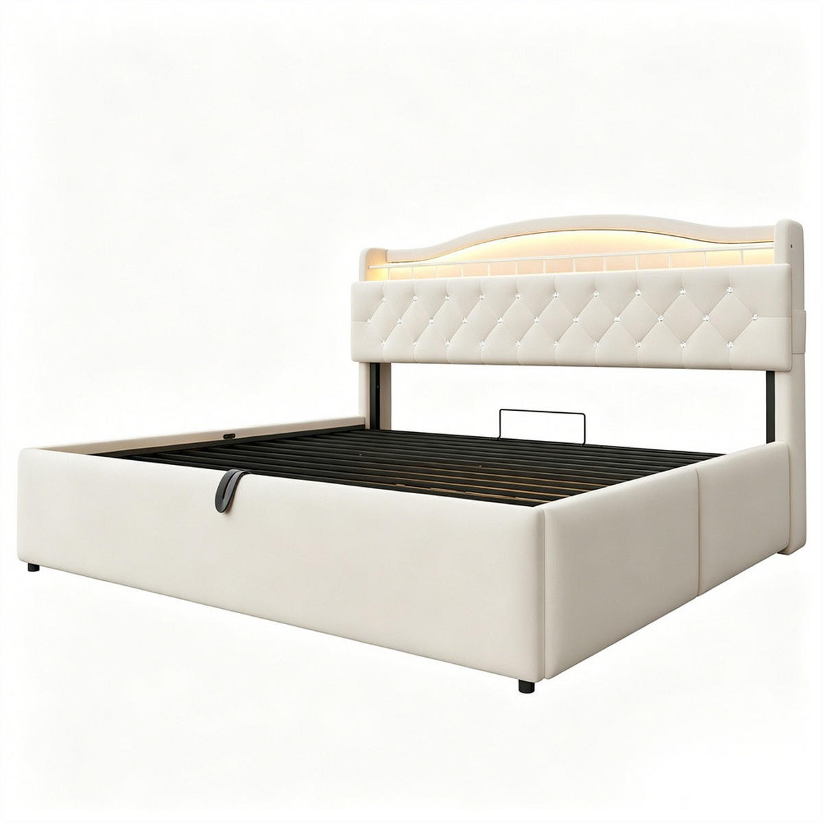 POLSTERBETT 180x200 cm mit hydraulischem Stauraum - LED Beleuchtung & Ladestation - Beige - Ohne Matratze - Beige, Textil (180/200cm) - DELFA
