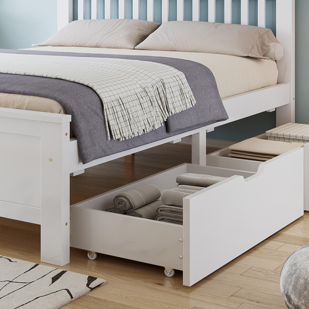 BETT 140/200 cm in Weiß mit 2 Schubladen Kiefer-Massivholz klassisches Design - Weiß, Holzwerkstoff (140/200cm) - STILVORA