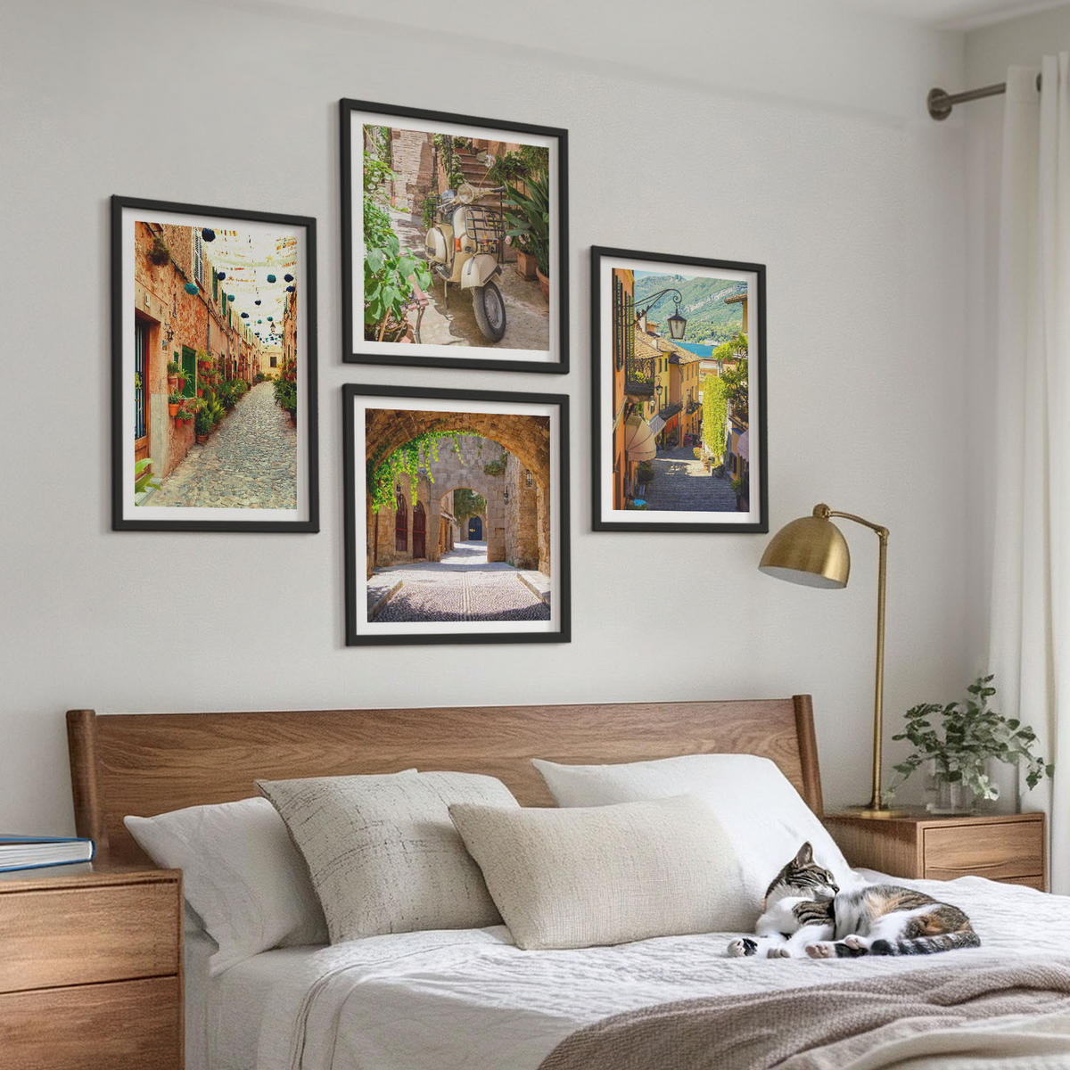 WANDBILDER 4er-Set - 50x50 cm & 40x60 cm Schwarzer Rahmen - Charmante Straßen und Pizza - Schwarz, Kunststoff (50/50cm) - ArtPrintCave