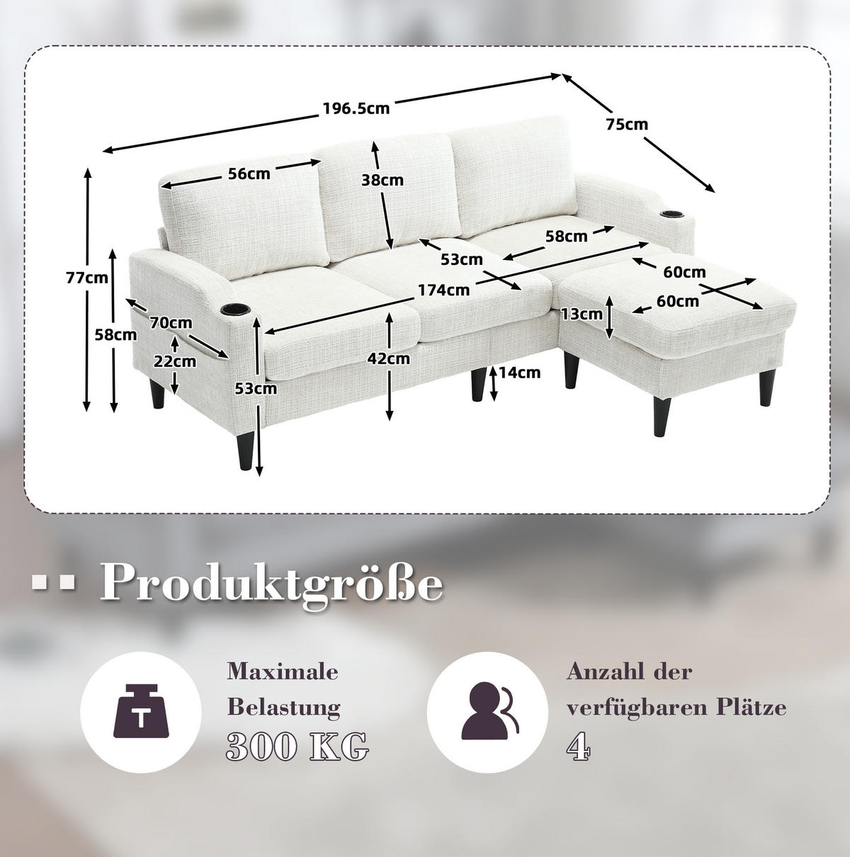 SOFA 4-Sitzer mit Hocker und Stauraum 196,5 x 75 x 77 cm Beige - Beige, Kunststoff (196.5/77/75cm) - Meubliv