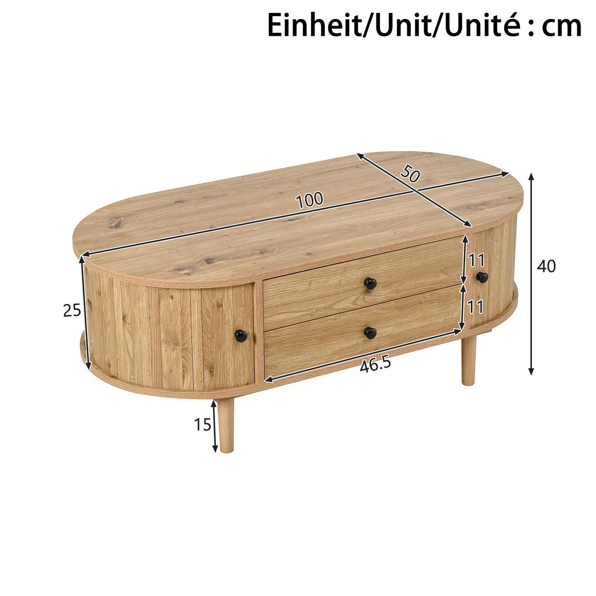 COUCHTISCH Oval Leisten Schiebetüren 2 Schubladen MDF - Eichefarben, Holzwerkstoff (100/50/40cm) - FLIEKS