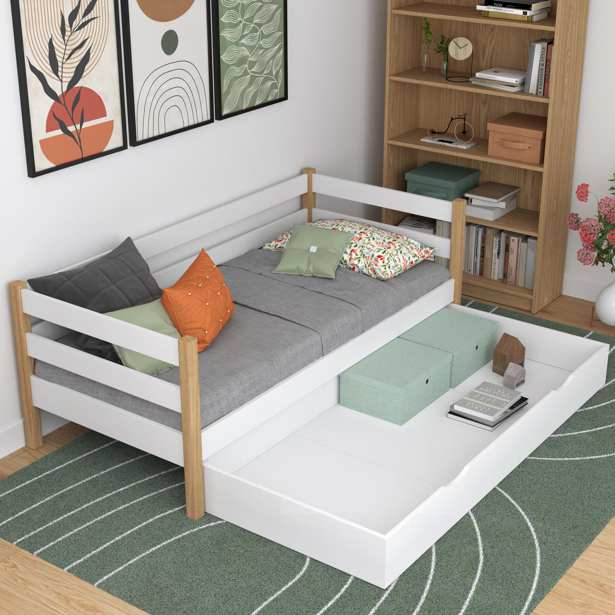 TAGESBETT mit Schublade N01 Weiß / Eiche Natur 80/200 - Eiche Artisan/Weiß, Naturmaterialien/Holz (80/200cm) - N-Wood